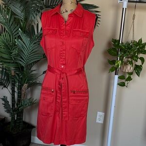 Sharagano Red Sleeveless Shirt Dress with Belt